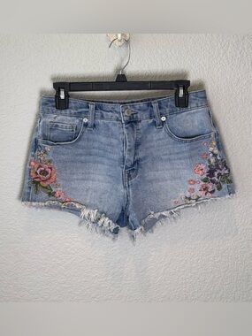 Light Blue Embroidered Denim Cutoff Shorts